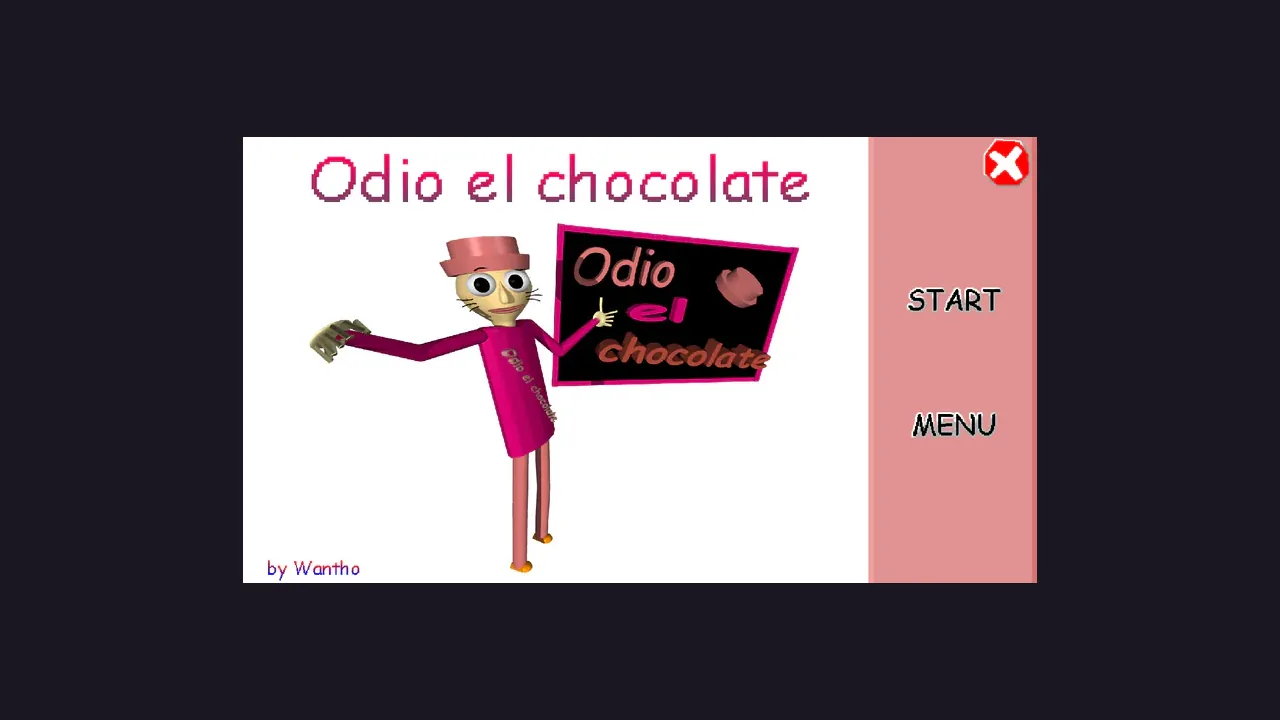 The Odio el chocolate title screen with the start and menu buttons